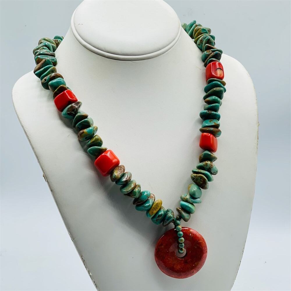 Sterling Silver 925 Turquoise Coral Chip Statement Necklace Red Bi Disc 20"